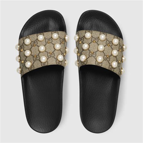 gucci canvas slide|gucci embellished slides.